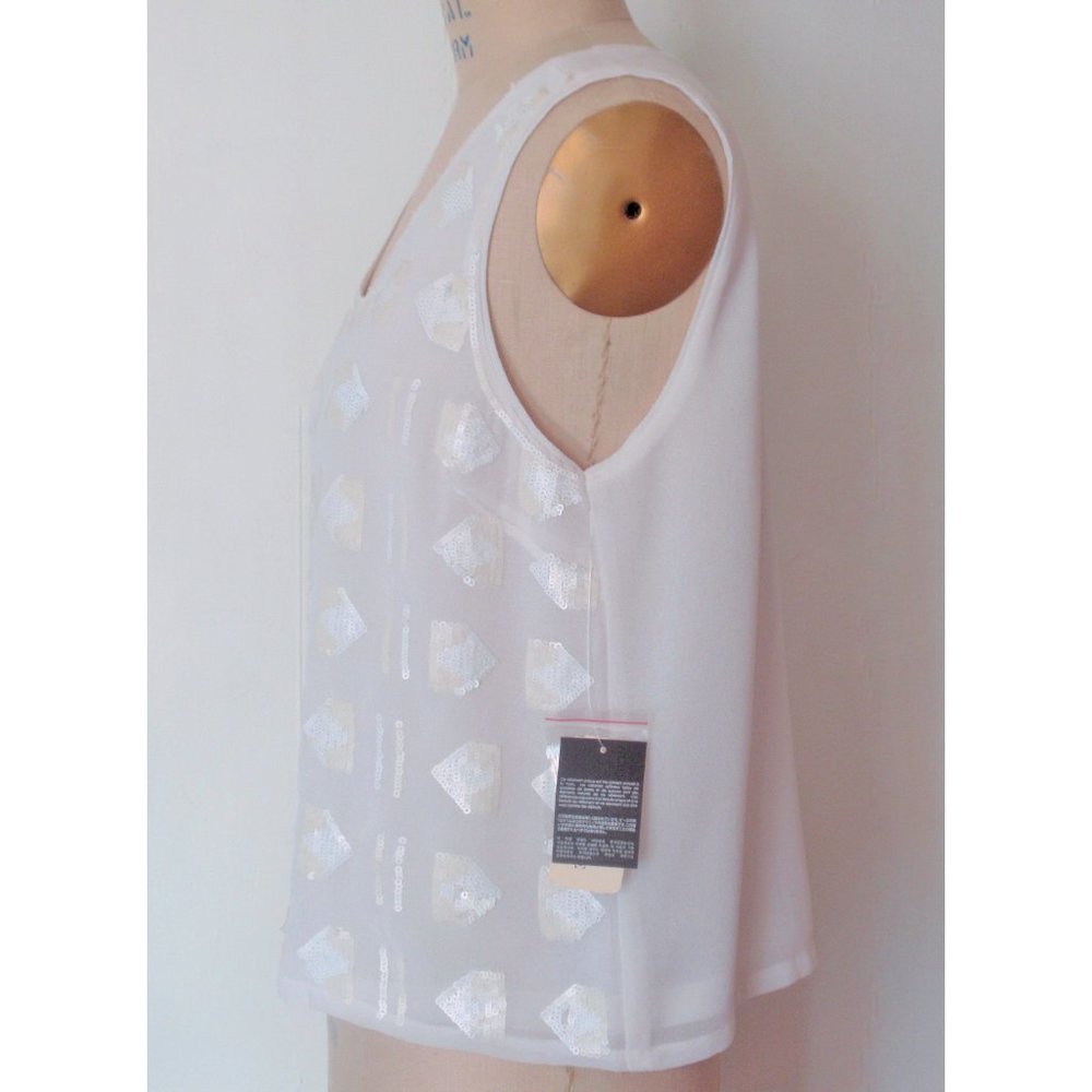 FOREVER 21 SEQUIN WHITE GEORGETTE LAYERED TOP L - Picture 2 of 5